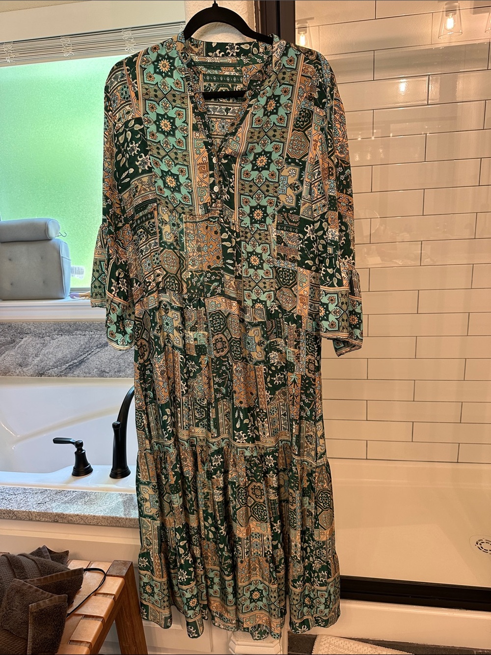 Green and Teal Patchwork Floral Maxi Dress- From Greece